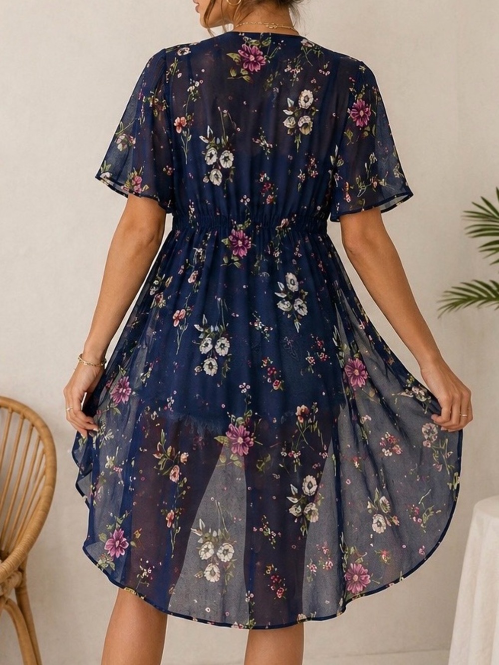 Moa Moa Floral Sheer Kimono Cover Up Boho Festival Navy Large - Picture 3 of 14
